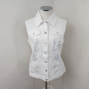Quaker Factory Rhinestone Denim Vest White Sleeveless Collar Button Front Small